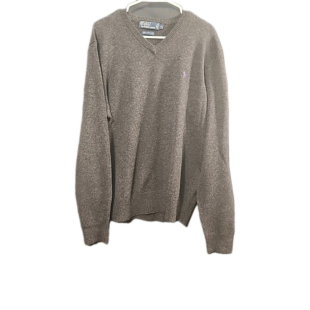 Polo Ralph Lauren 100% Merino Wool V Neck Sweater Men's X-LGray W/Purple‎ Pony